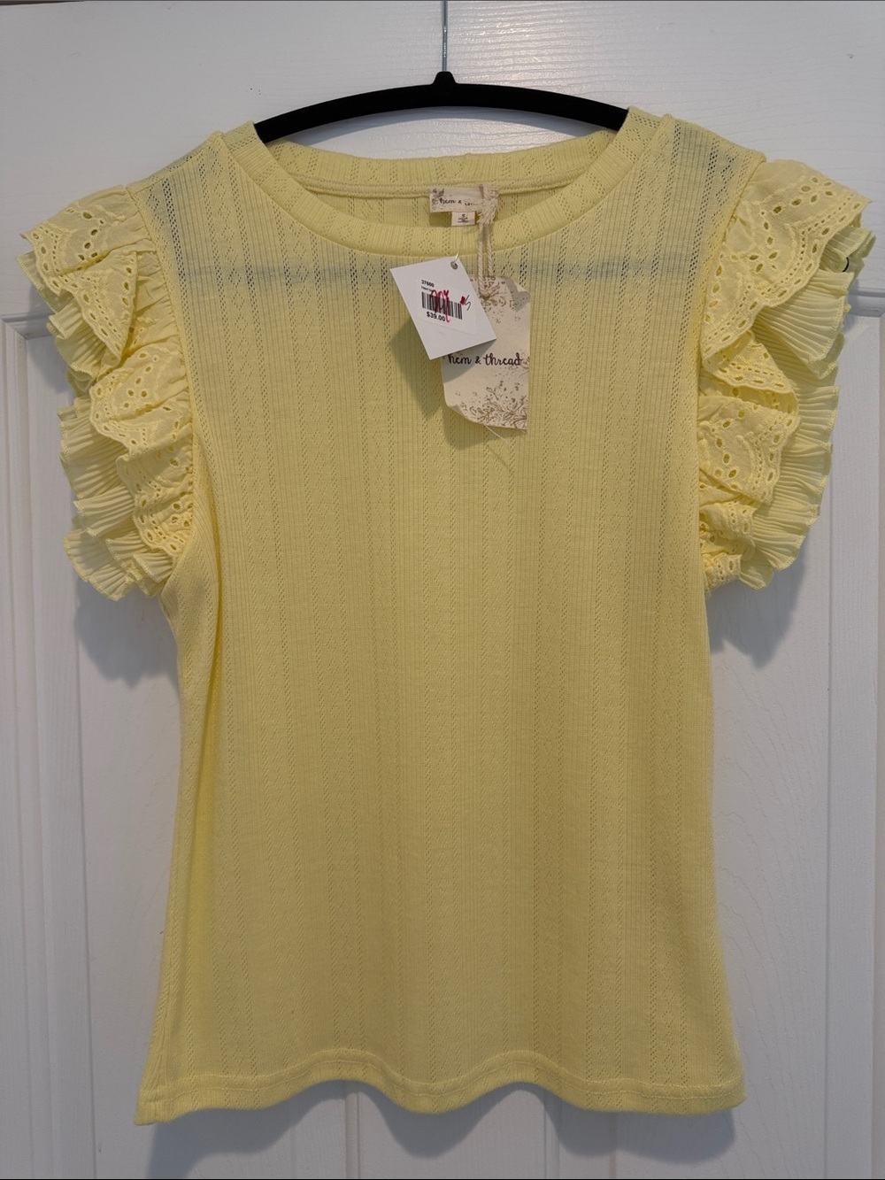 NWT Pointelle & Eyelet Yellow Ruffle Sleeve Knit Top